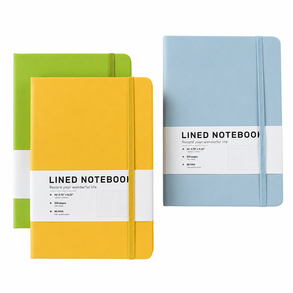 A5 lined PU notebooks in assorted colours