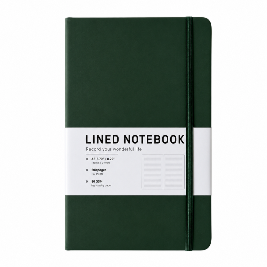 Olive-green A5 lined notebook with elastic closure