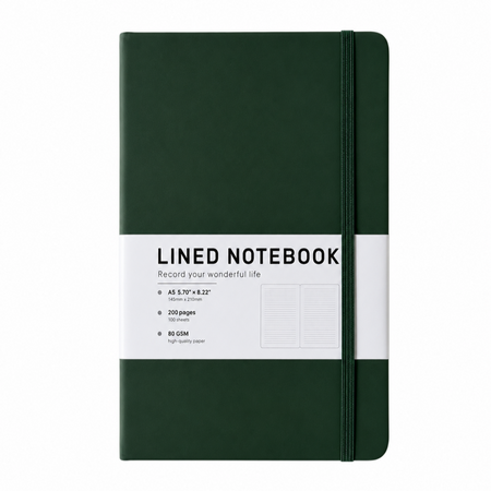 Olive-green A5 lined notebook with elastic closure