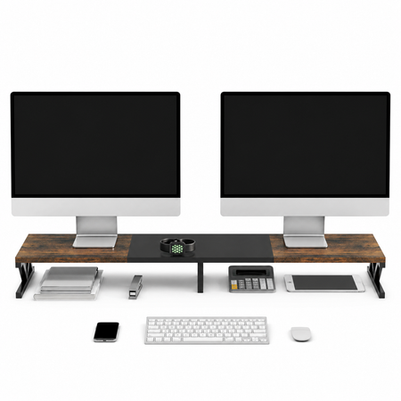 Extra-wide dual monitor stand riser with open desk storage