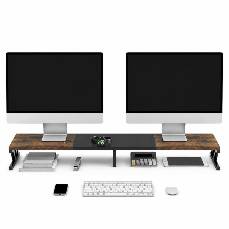 Extra-wide dual monitor stand riser with open desk storage