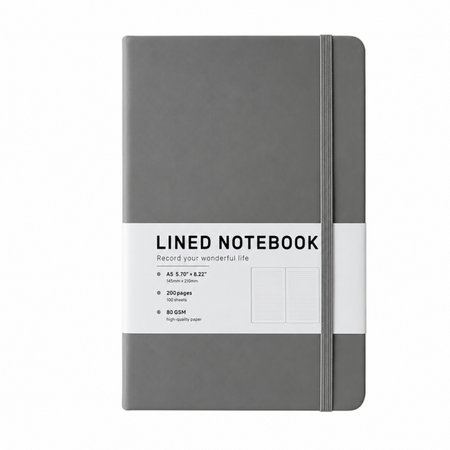 Grey A5 lined notebook with elastic closure