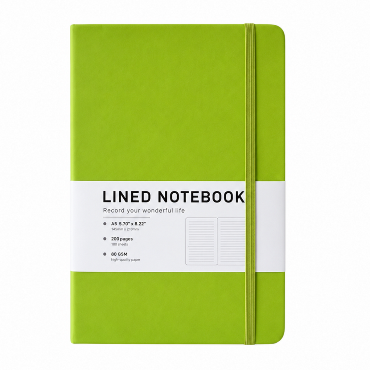 Green A5 lined notebook with elastic closure
