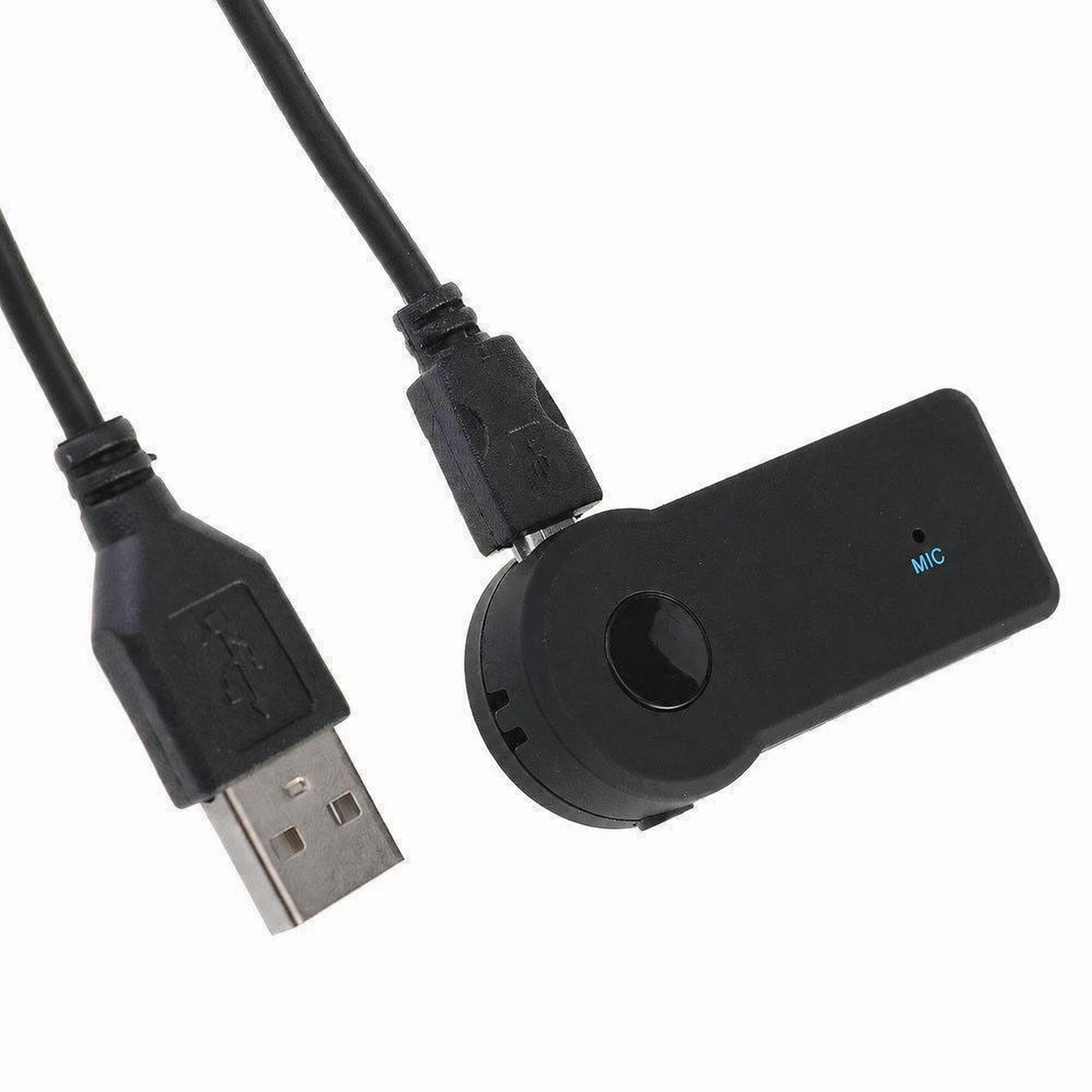 Wireless audio receiver connected to Micro-USB charging cable
