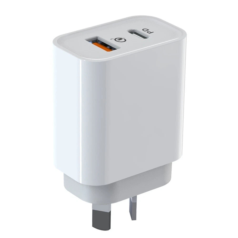 Dual-port wall charger showing USB-A and USB-C outputs