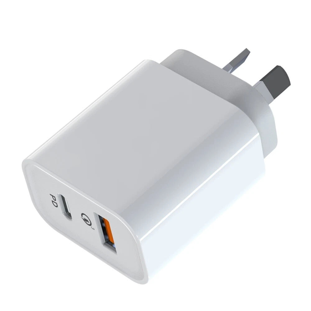 Compact 18W dual-port wall charger angled view